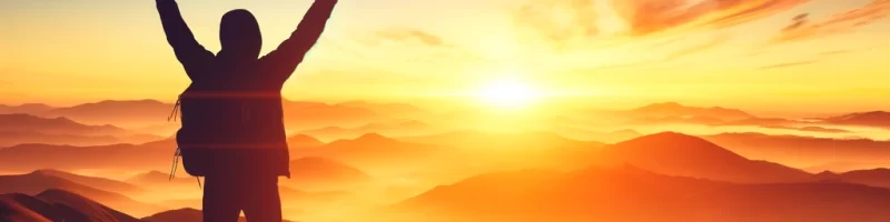 DALL·E 2024-08-14 14.40.36 - A vibrant and uplifting image of a person standing on a mountain peak at sunrise, arms raised in victory. The scene is filled with warm, golden light,